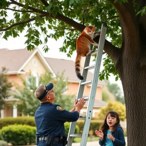 A police officer rescues a cat from a tree