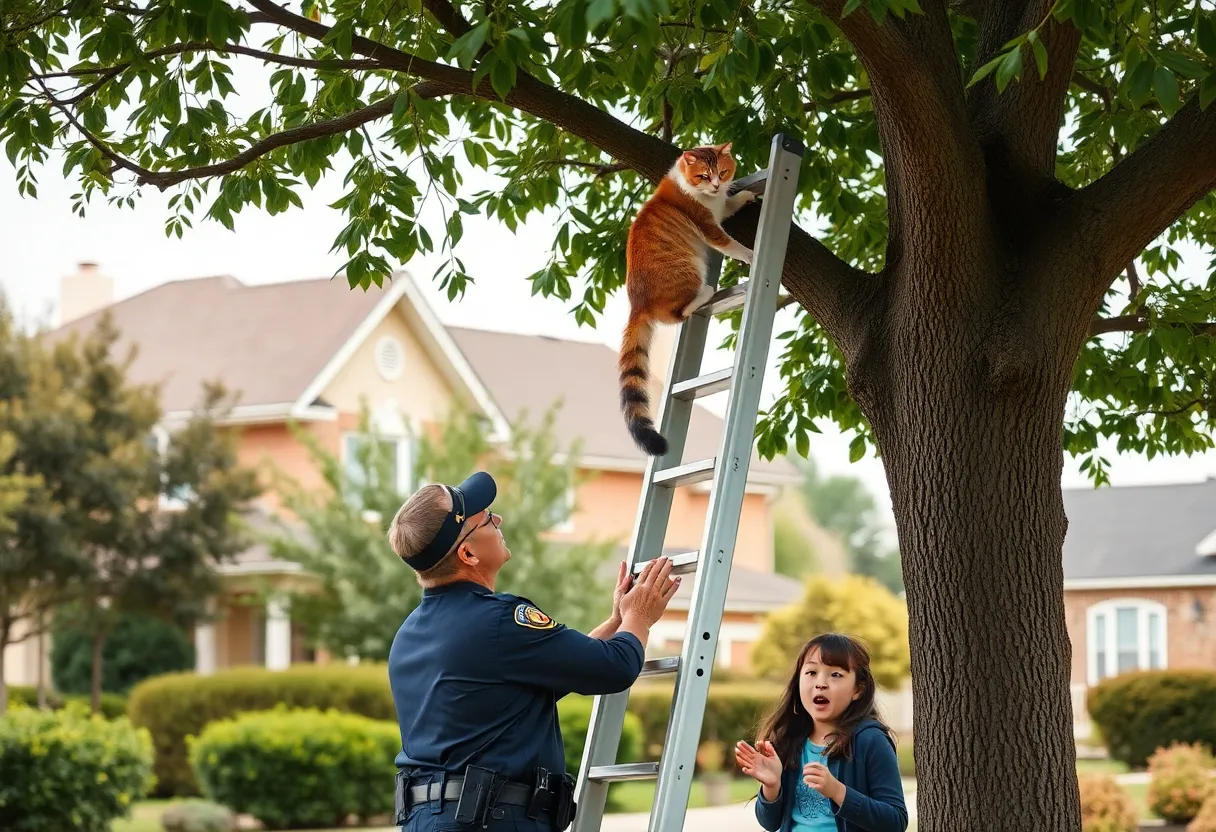 A police officer rescues a cat from a tree