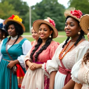 Outdoor celebration in Lexington showcasing women in historical clothing