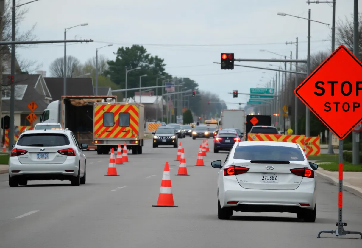Construction zone with lane closures in Lexington