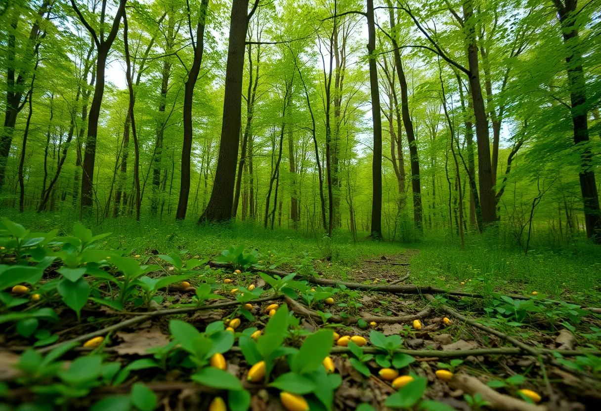Cicadas emerging from the ground in a Kentucky forest during spring