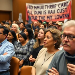 Crowd of residents at a town hall meeting in Lexington protesting healthcare cuts.