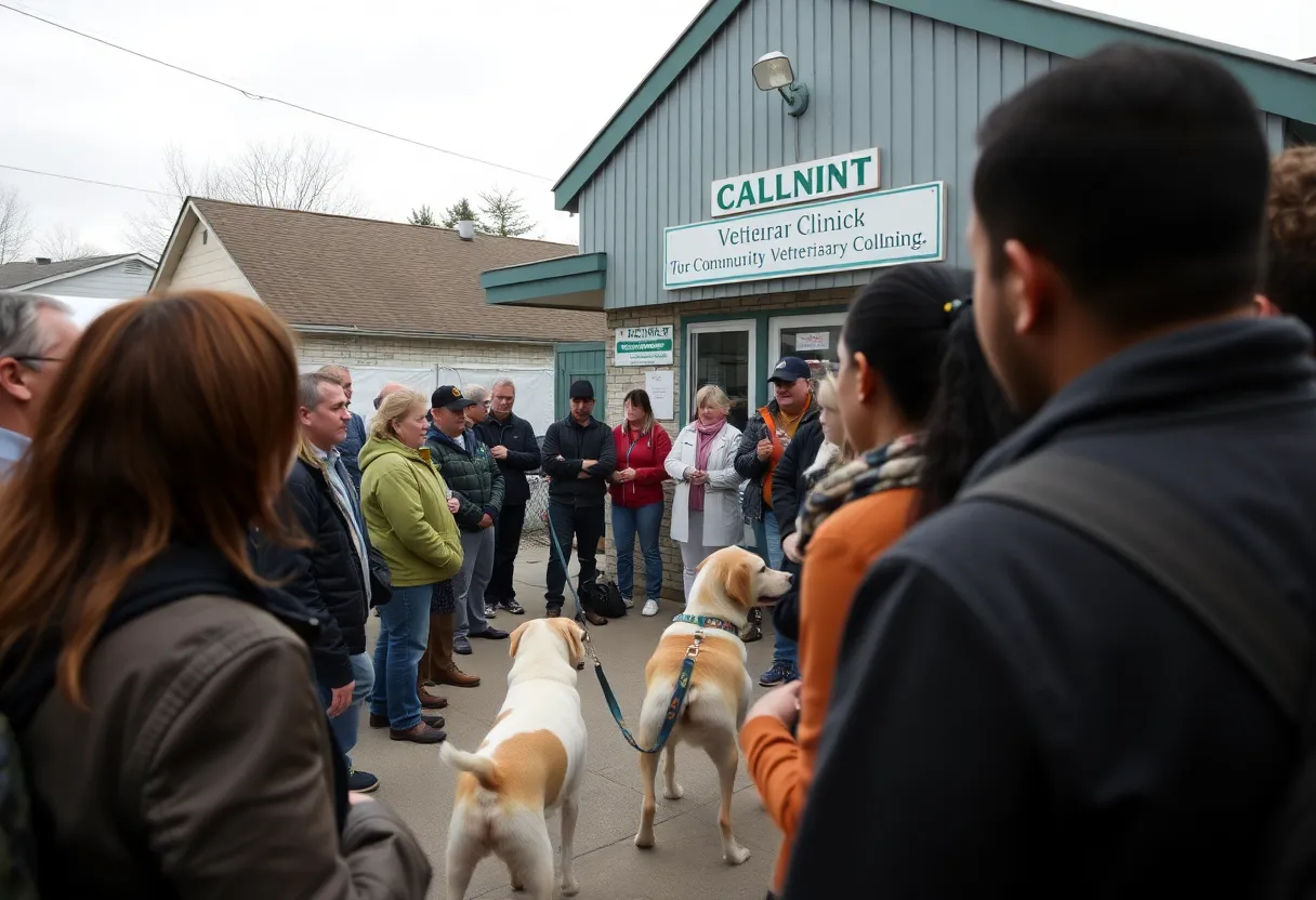 Crowd outside veterinary clinic discussing animal welfare