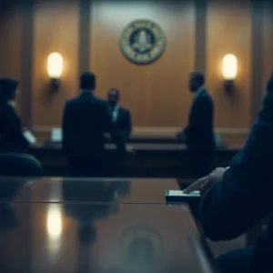 Courtroom setting with blurred figures portraying a legal case.