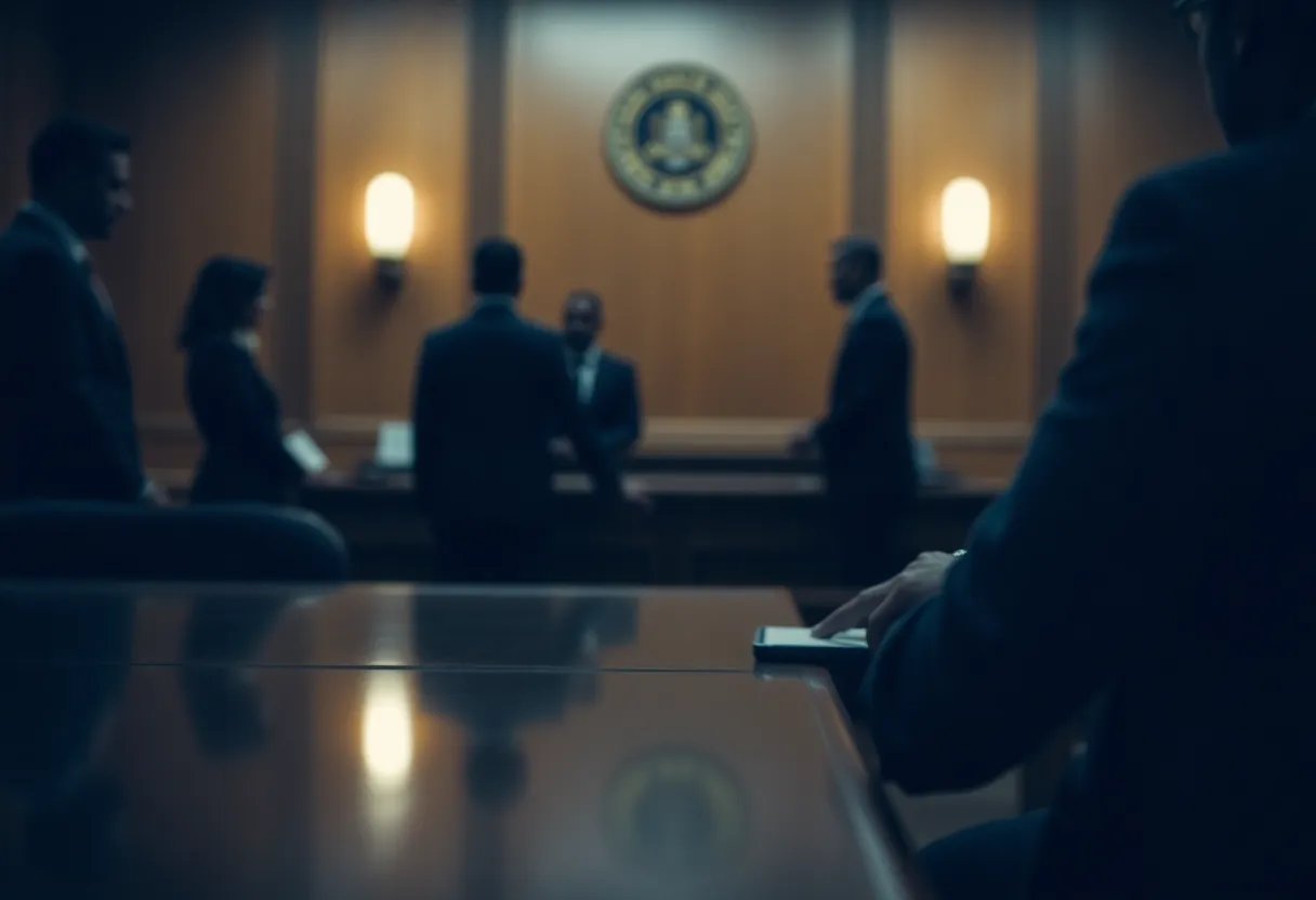 Courtroom setting with blurred figures portraying a legal case.