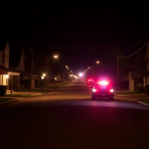 Somber street scene in Crab Orchard at night with police lights.