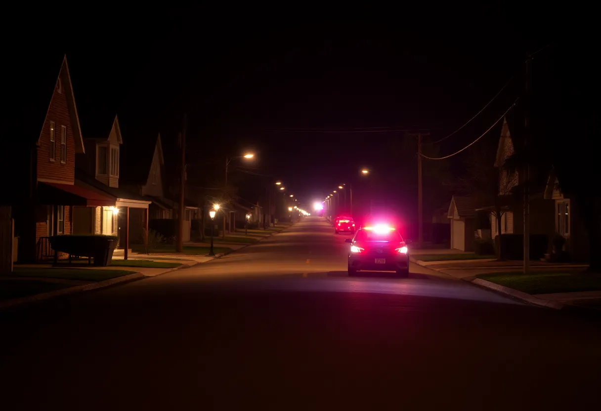 Somber street scene in Crab Orchard at night with police lights.