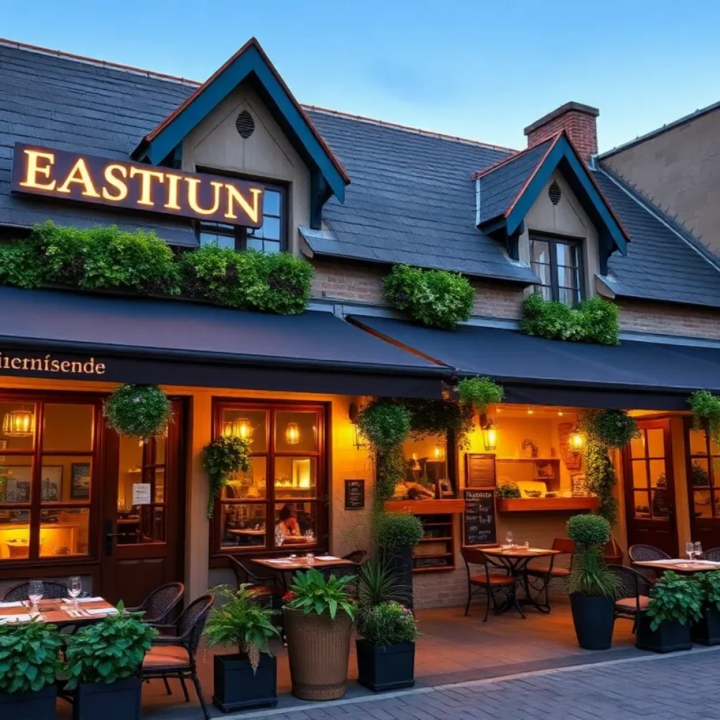 Outdoor patio at Crust Pizzeria with greenery and a fireplace