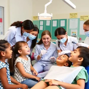 Dental students providing care to children in a school.