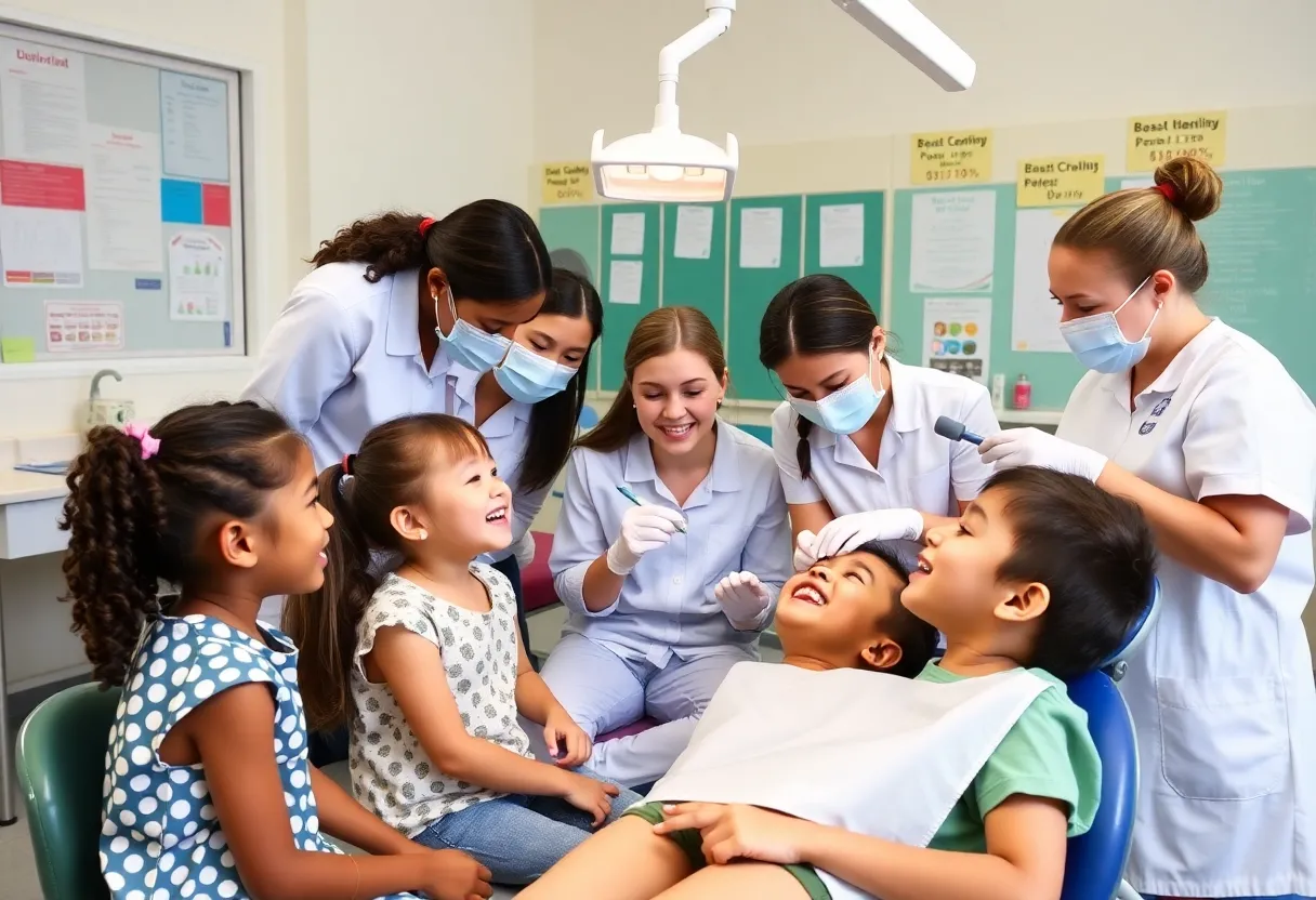 Dental students providing care to children in a school.