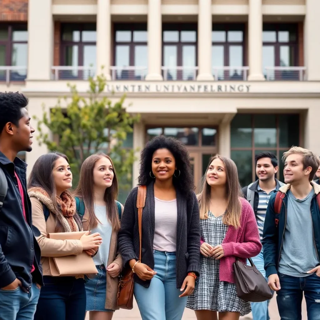 Diverse college students discussing university challenges