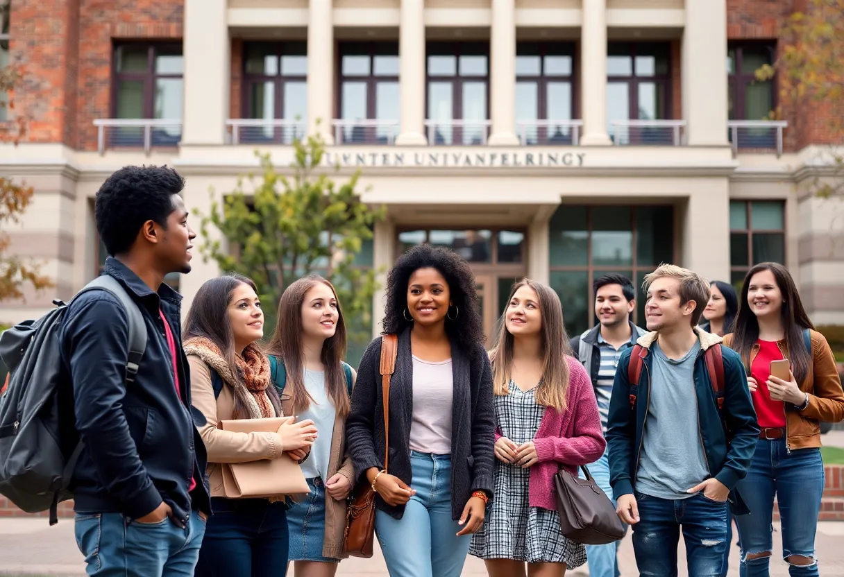 Diverse college students discussing university challenges