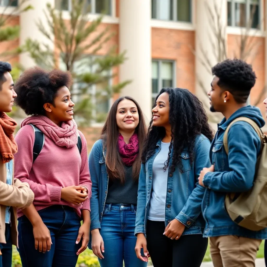 Group of diverse students engaged in discussion on university campus