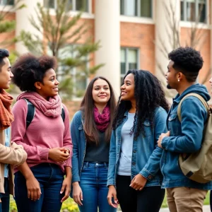 Group of diverse students engaged in discussion on university campus