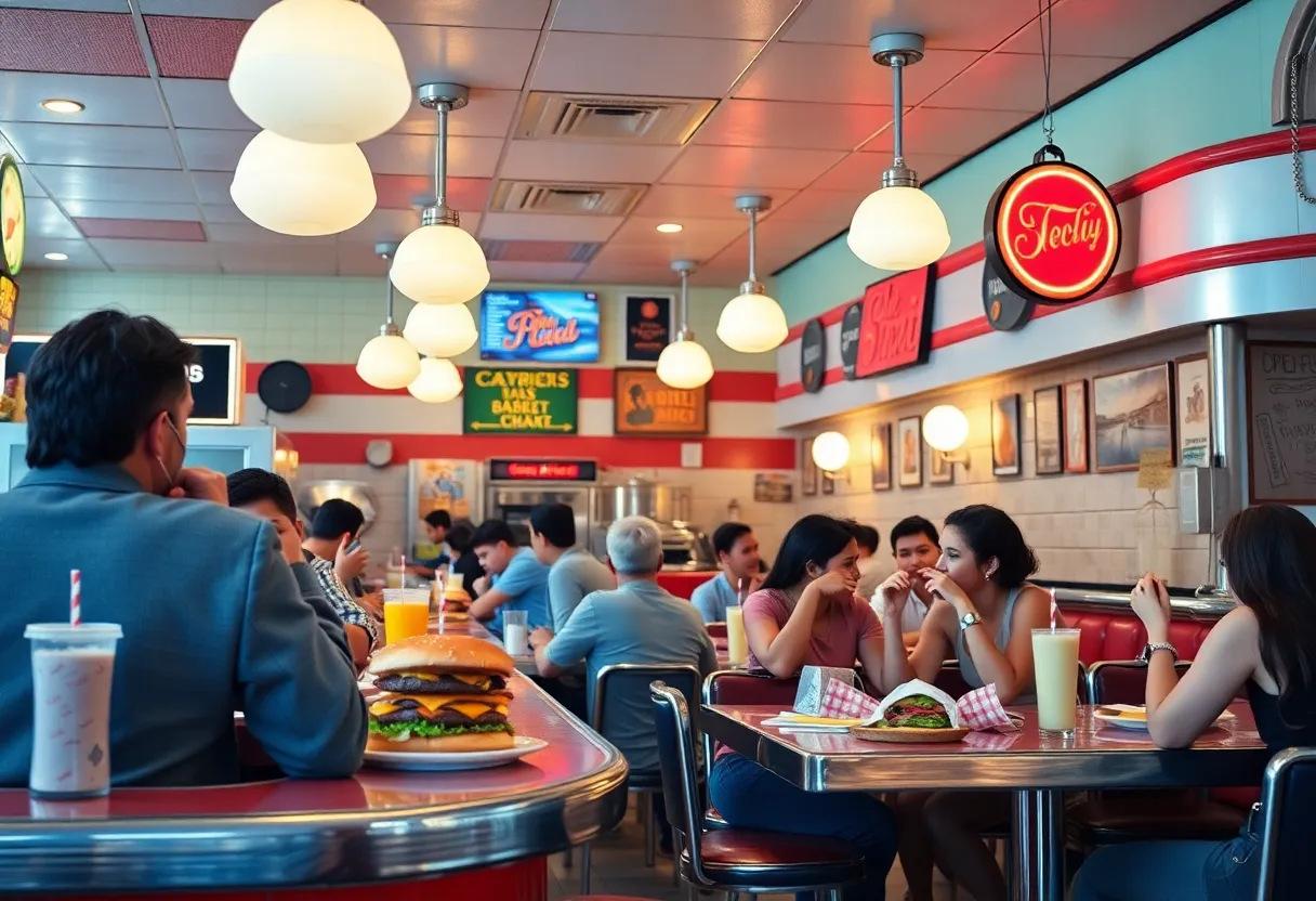 Interior of Dolly’s Burgers & Shakes with customers enjoying breakfast