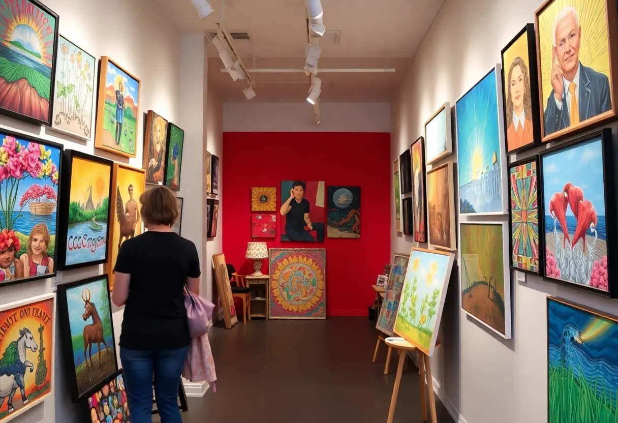 Artworks displayed in a vibrant exhibition in Lexington.
