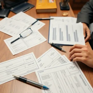Small business office with financial documents