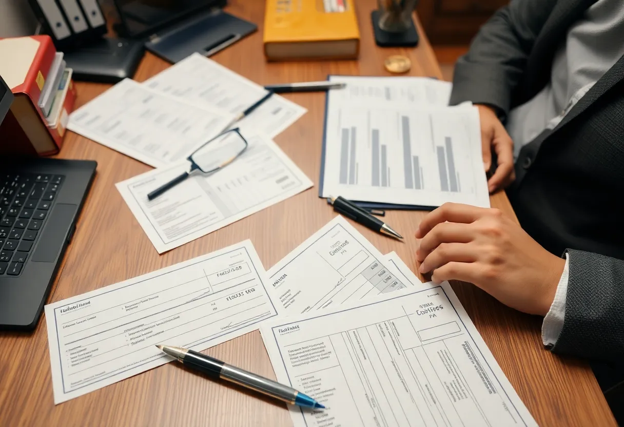Small business office with financial documents