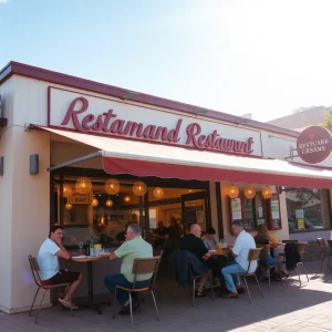 Exterior view of Gallinero Grill Chicken Restaurant with diners outside