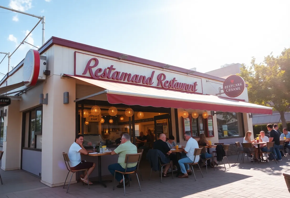 Exterior view of Gallinero Grill Chicken Restaurant with diners outside