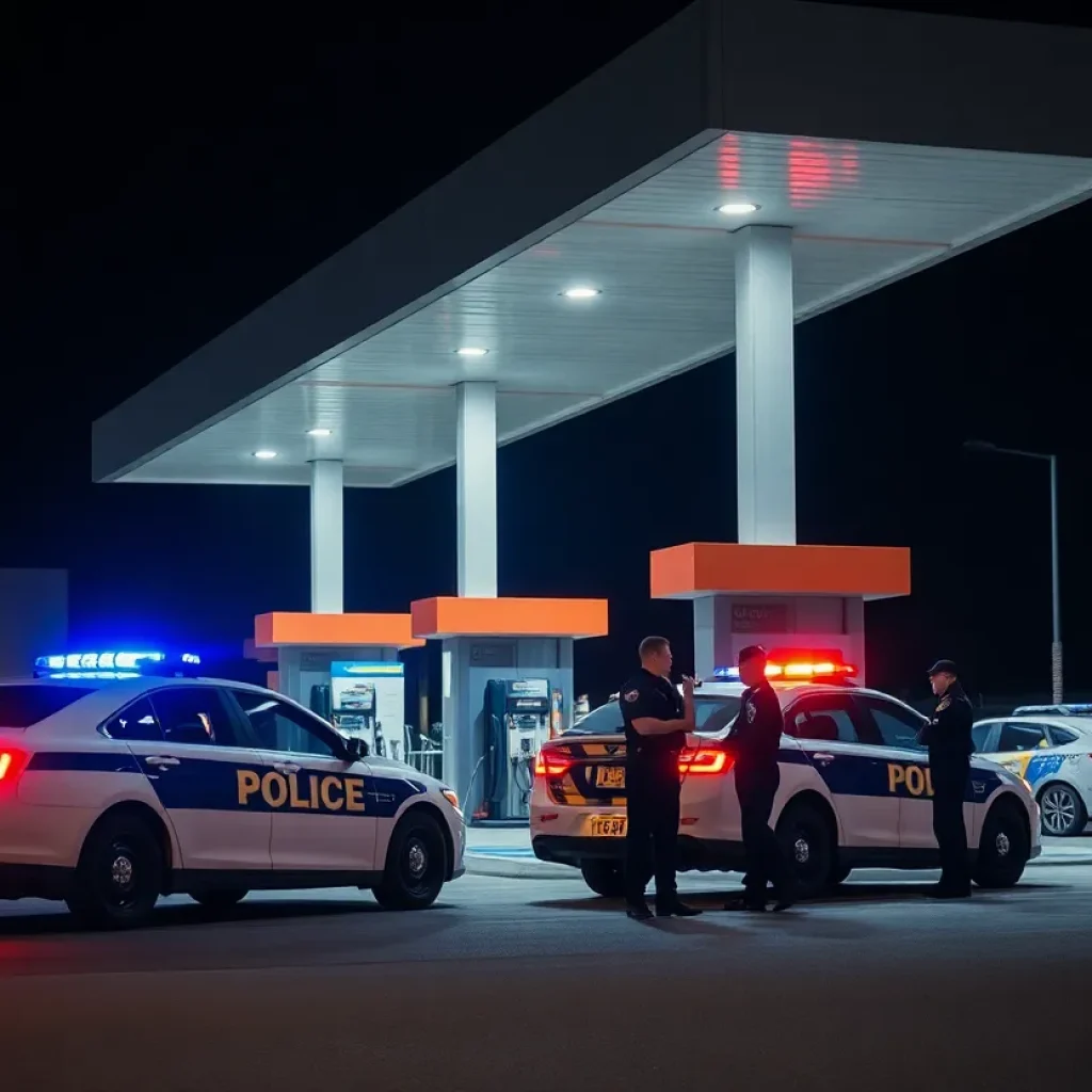 Police investigating a gas station robbery scene in Lexington