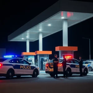 Police investigating a gas station robbery scene in Lexington