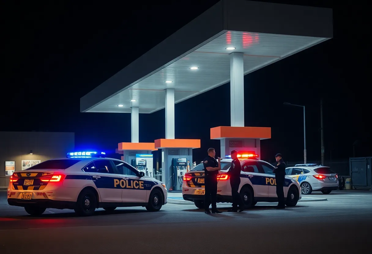 Police investigating a gas station robbery scene in Lexington