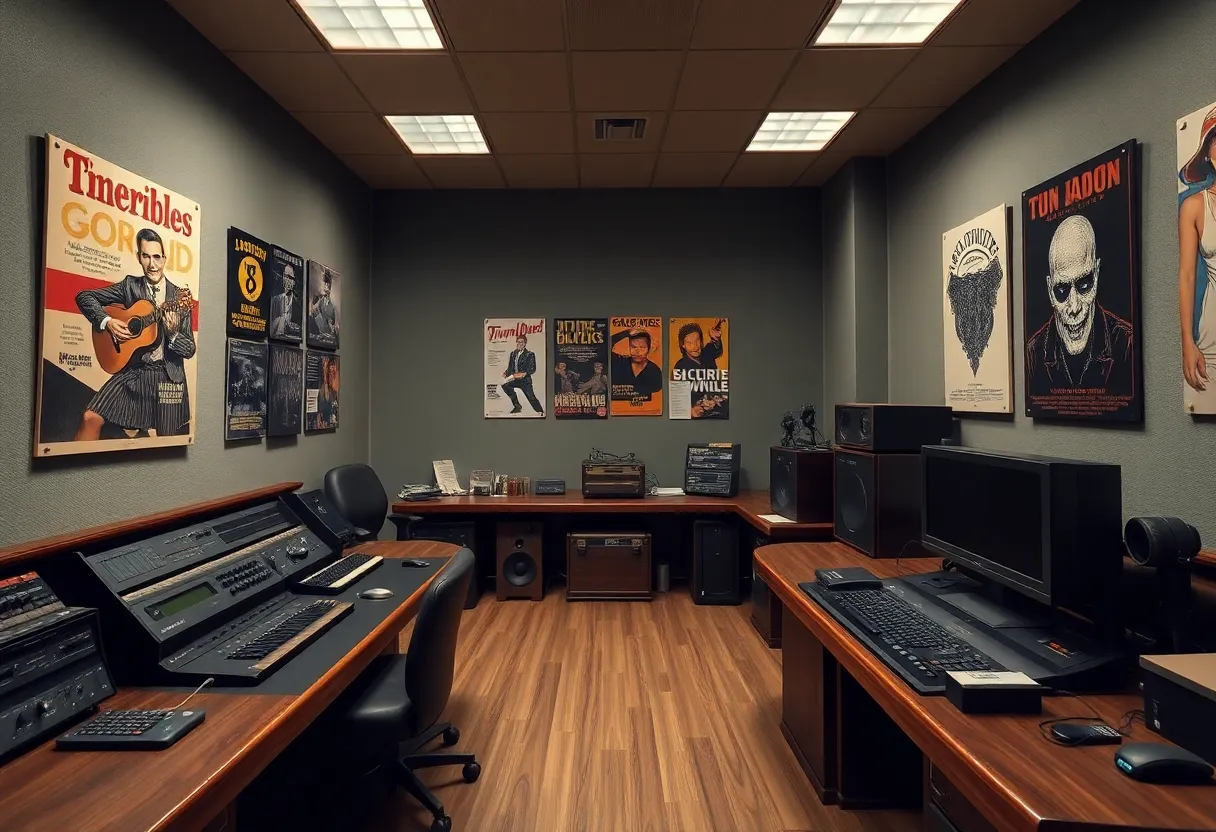 Empty Jack FM radio studio with vintage music posters.