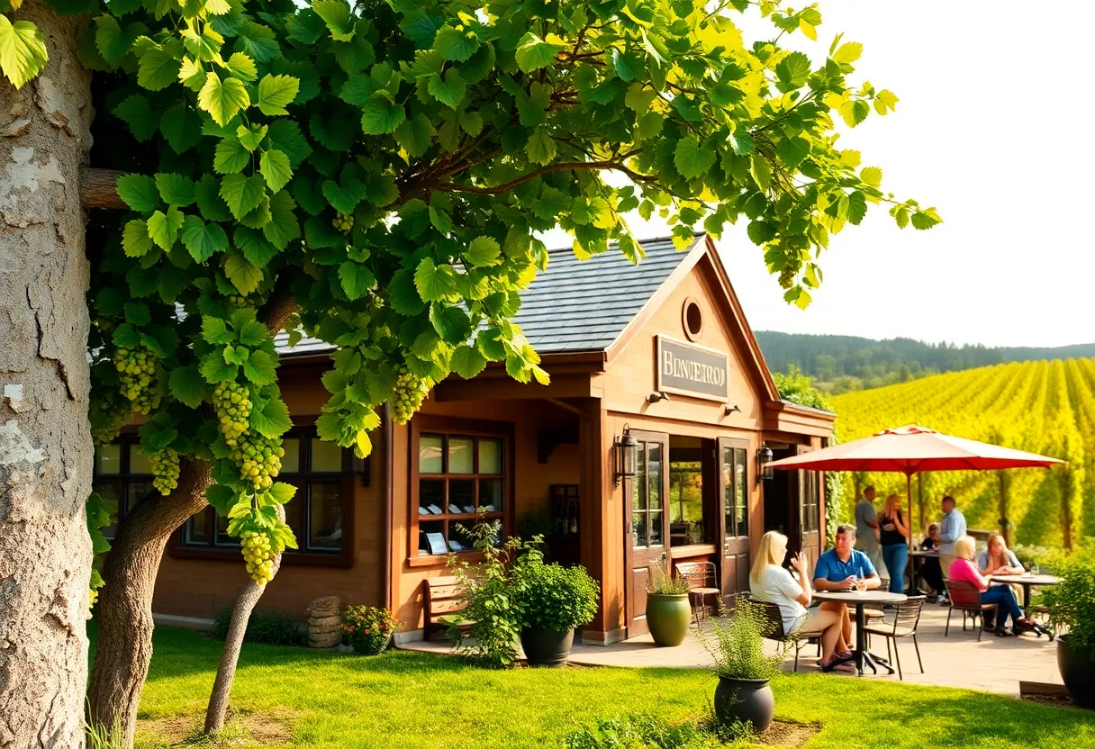 Visitors enjoying wine on the patio of Jean Farris Winery.