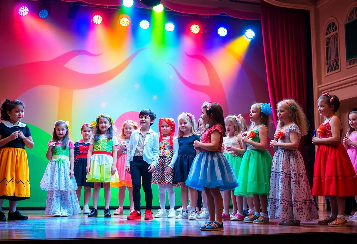 Students performing on stage in a school musical