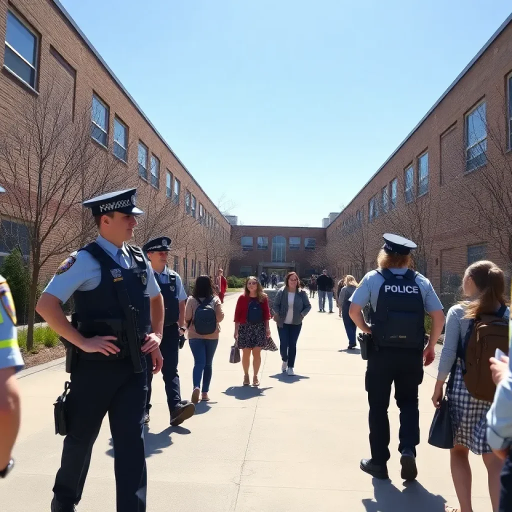 Jessie Clark Middle School with police presence and students