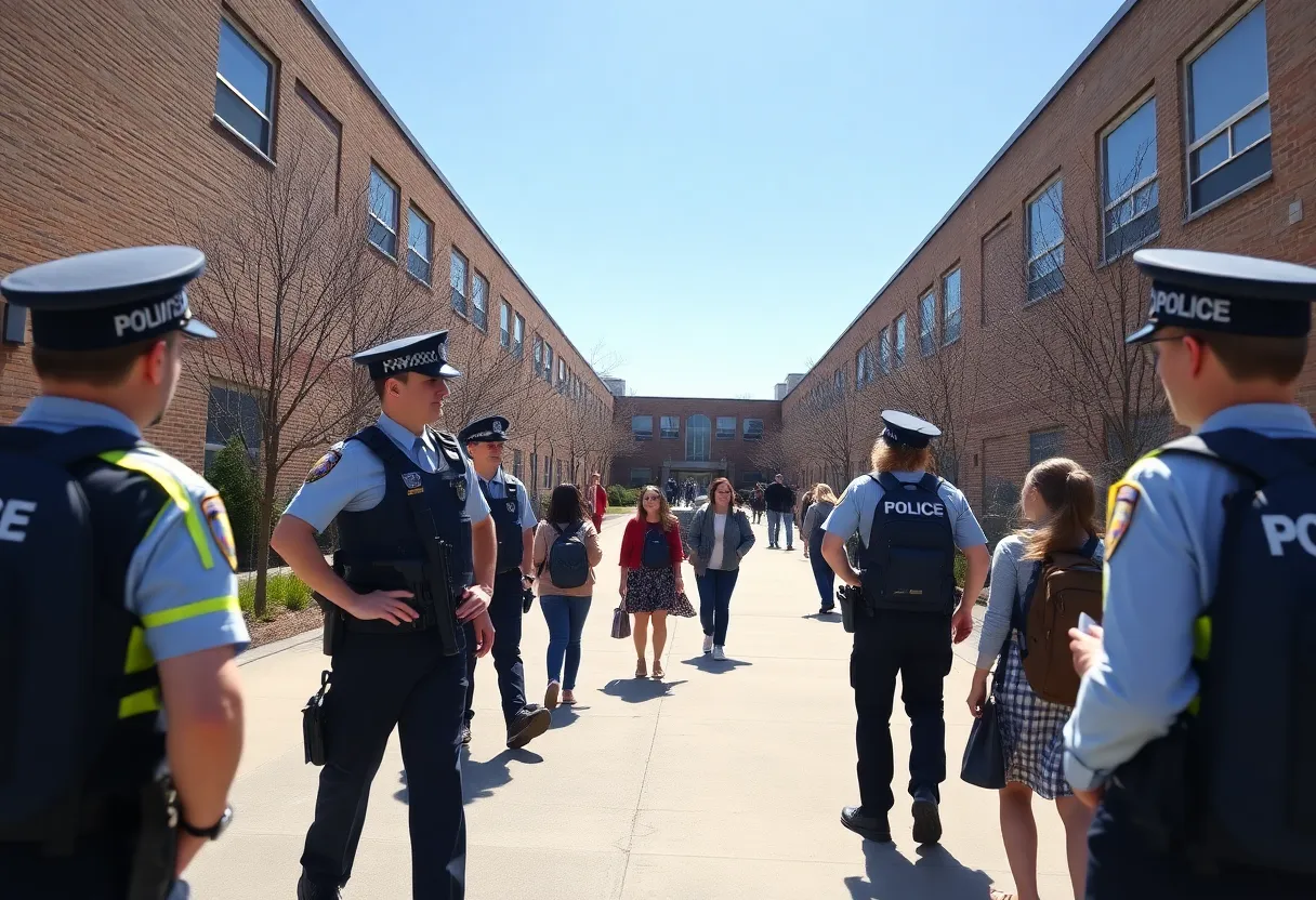 Jessie Clark Middle School with police presence and students