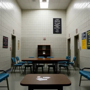 Interior of a federal prison showing elements of personal growth.