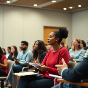 Justice Pamela Goodwine speaking to law students