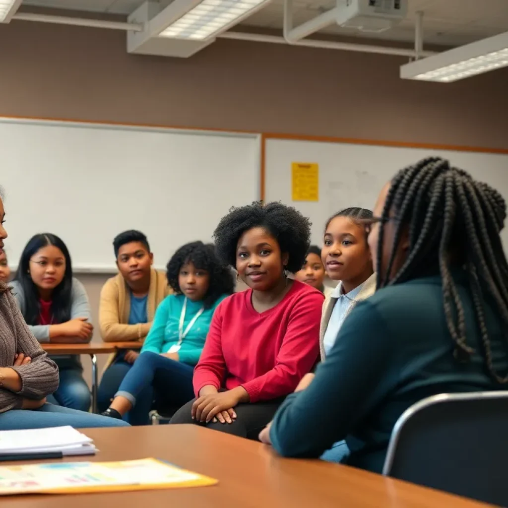 Diverse students engaged in an inclusive discussion in a classroom