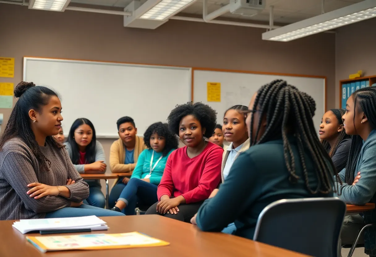 Diverse students engaged in an inclusive discussion in a classroom