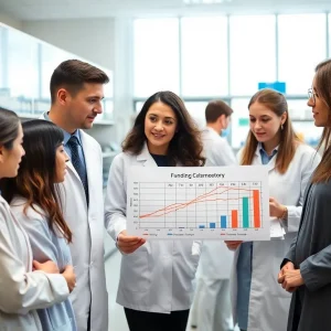 Researchers expressing concern over funding cuts in a university lab.