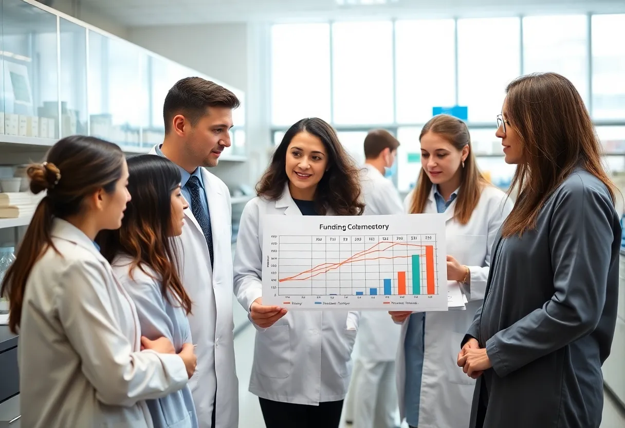 Researchers expressing concern over funding cuts in a university lab.