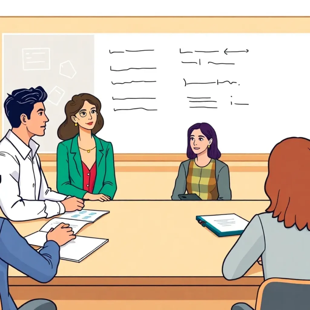 Faculty members discussing university evaluations