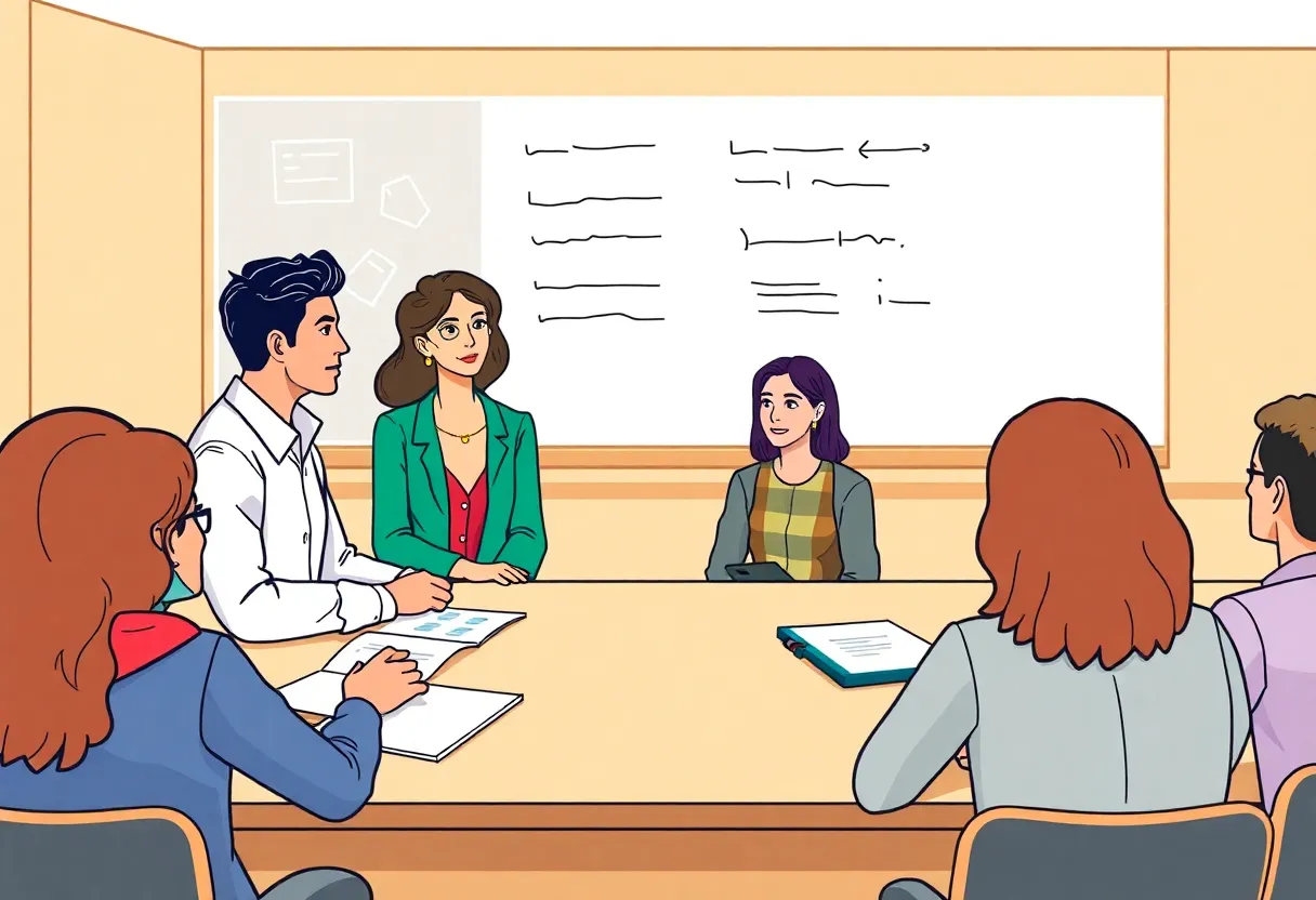 Faculty members discussing university evaluations