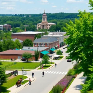 Scenic view of Lexington, Kentucky with horse farms and downtown