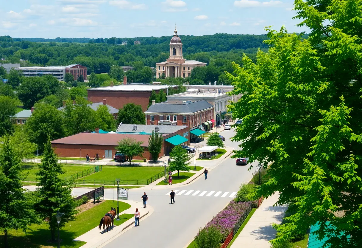 Scenic view of Lexington, Kentucky with horse farms and downtown