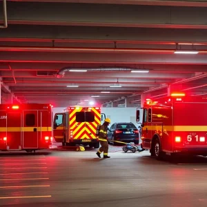 Firefighters responding to a vehicle fire in a parking garage in Lexington