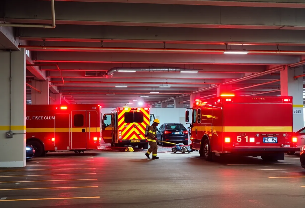 Firefighters responding to a vehicle fire in a parking garage in Lexington