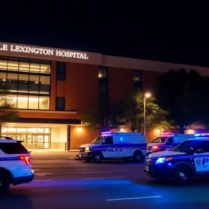Police vehicles stationed outside a hospital in Lexington during a shooting investigation