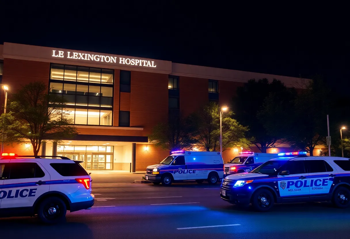 Police vehicles stationed outside a hospital in Lexington during a shooting investigation
