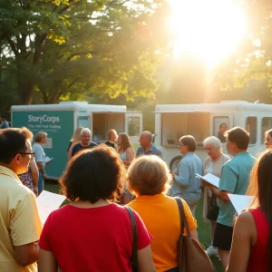 Community members sharing stories at StoryCorps mobile booth in Woodland Park.