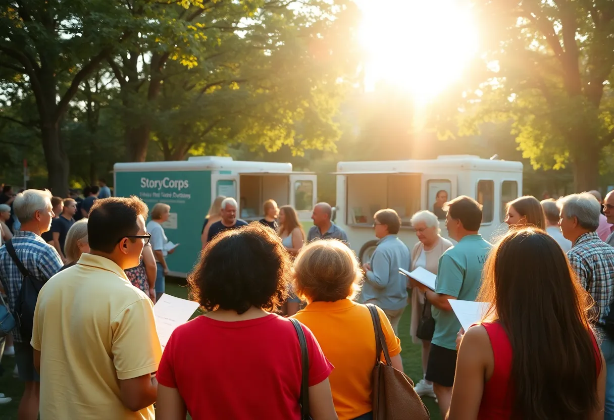 Community members sharing stories at StoryCorps mobile booth in Woodland Park.