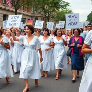 Women marching in a historical suffrage parade, dressed in white, advocating for voting rights.