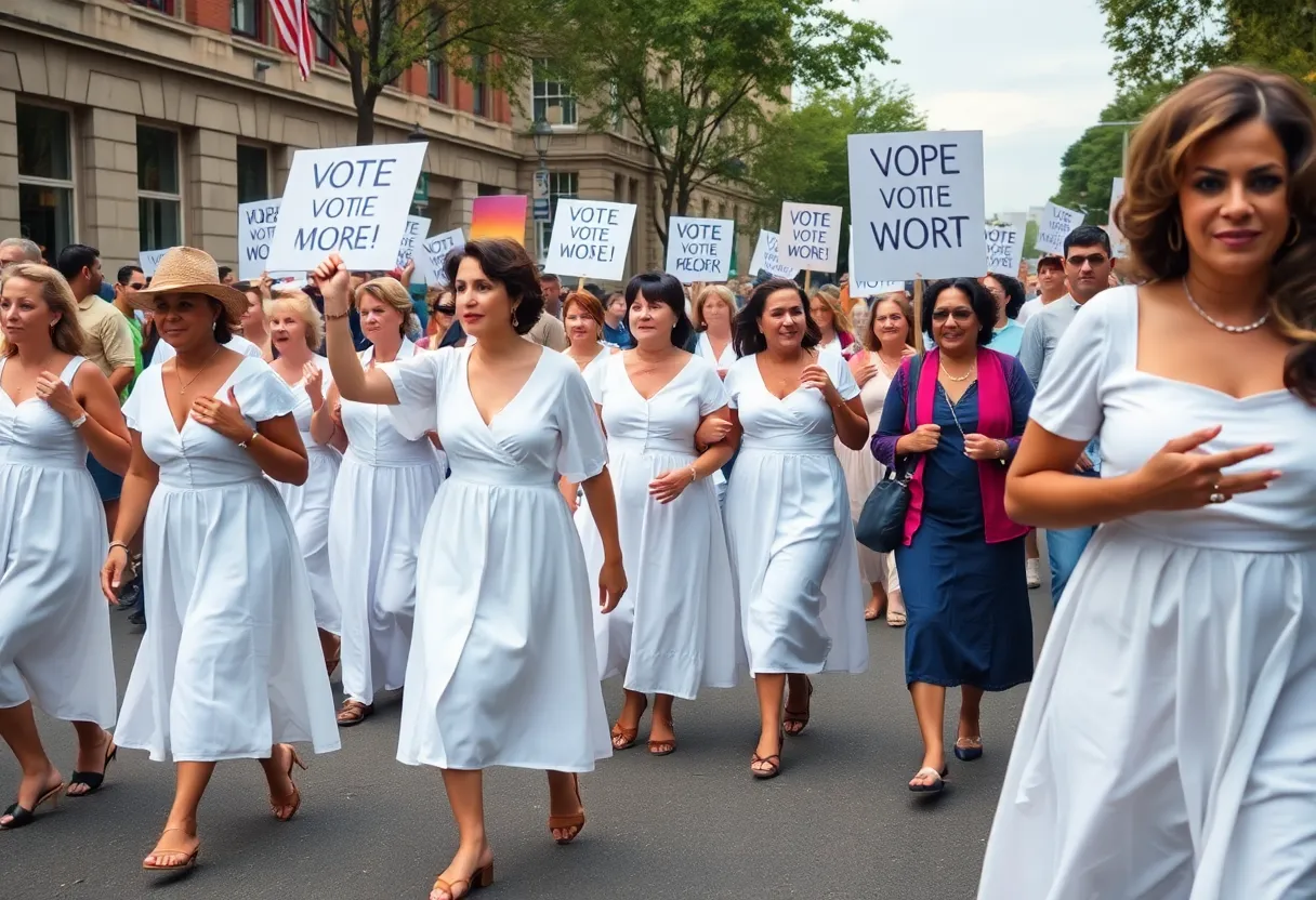 Women marching in a historical suffrage parade, dressed in white, advocating for voting rights.